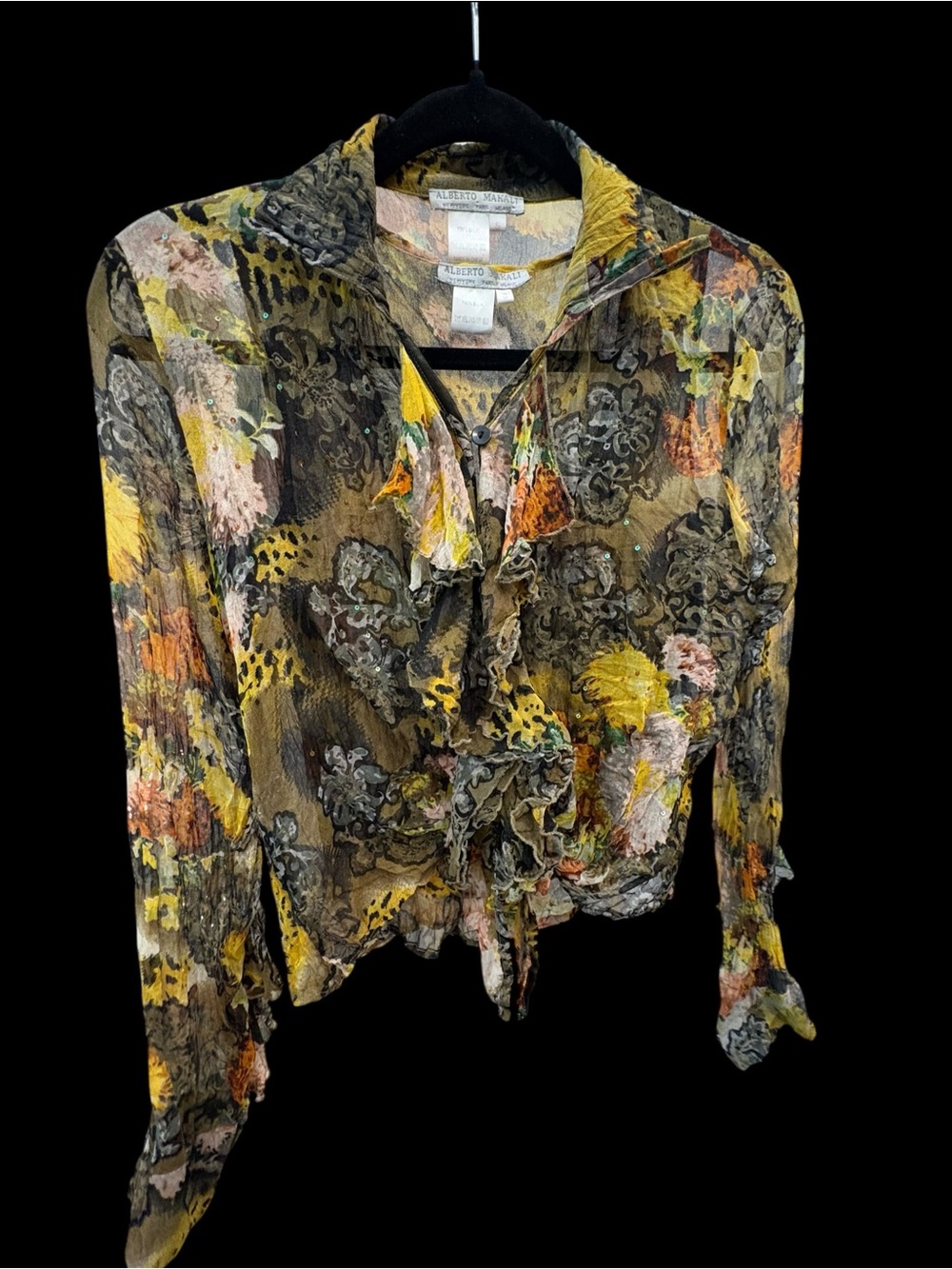 Alberto Makali 100% Silk Ruffle Wrap Blouse Floral Animal Print Small